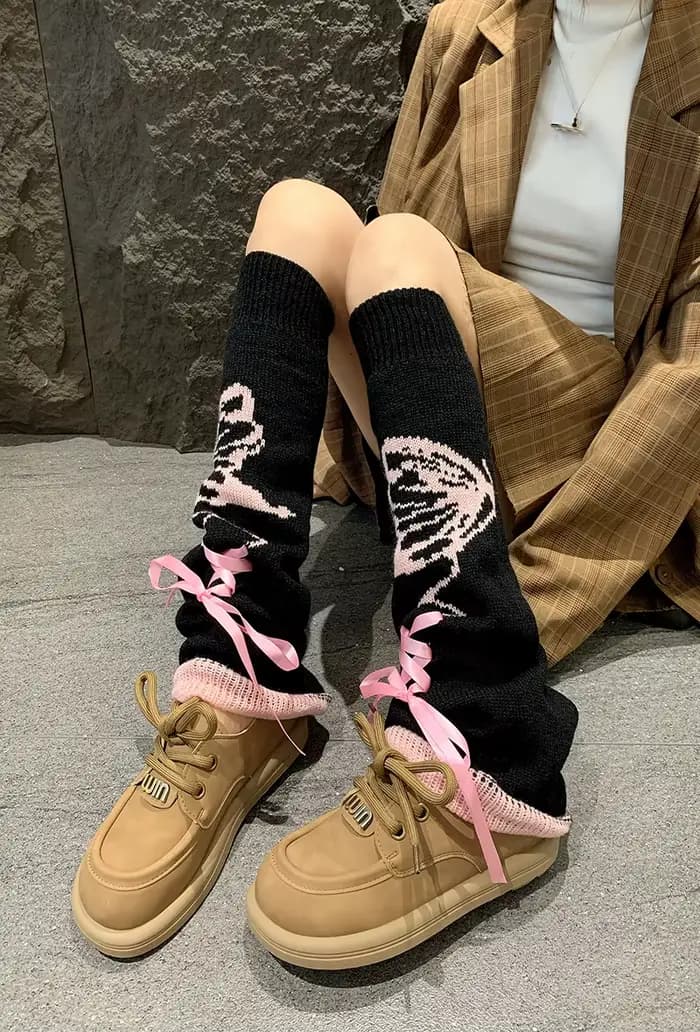 Ensemble de chaussettes Tube longues en soie Y2k, chauffe-jambes Lolita, avec cordon de serrage, JK Girl, paires de papillons