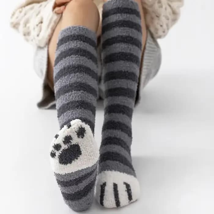 Patte de chat hiver chaussettes femmes longue rayure mignon sol sommeil épais filles dessin animé animaux doigts chaud