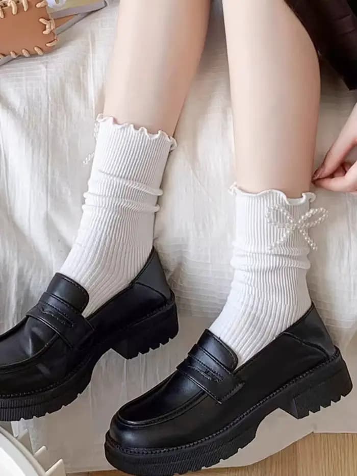 Femmes chaussettes coton femme mince mignon doux Kawaii Lolita Harajuku été perle bas dentelle chaussette blanc noir à
