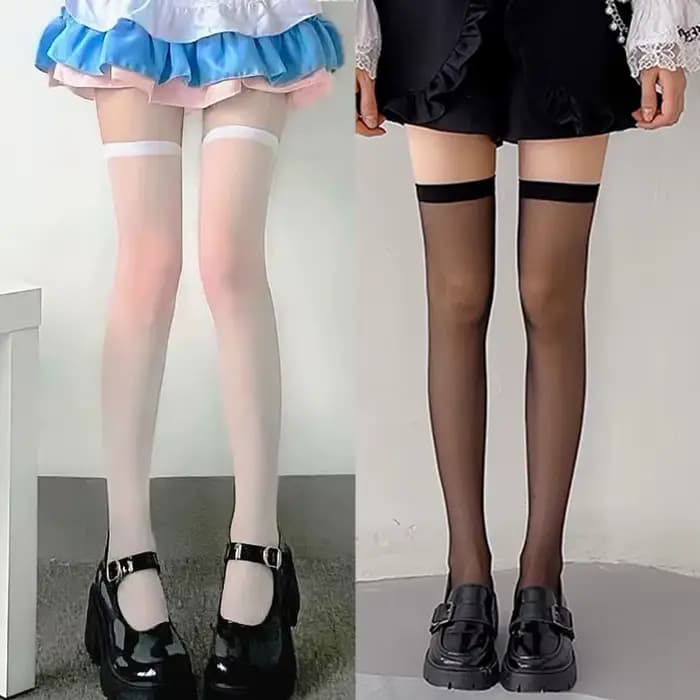 Bas de cuisse en nylon pour femmes, chaussettes hautes ultra-fines pour filles, chaussettes longues, bonneterie sexy, noir et blanc, JK Lolita, été