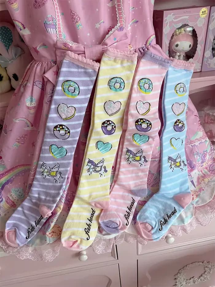 Chaussettes au-dessus du genou Donut de rêve originales chaussettes en coton LOLITA chaussettes imprimées donut licorne