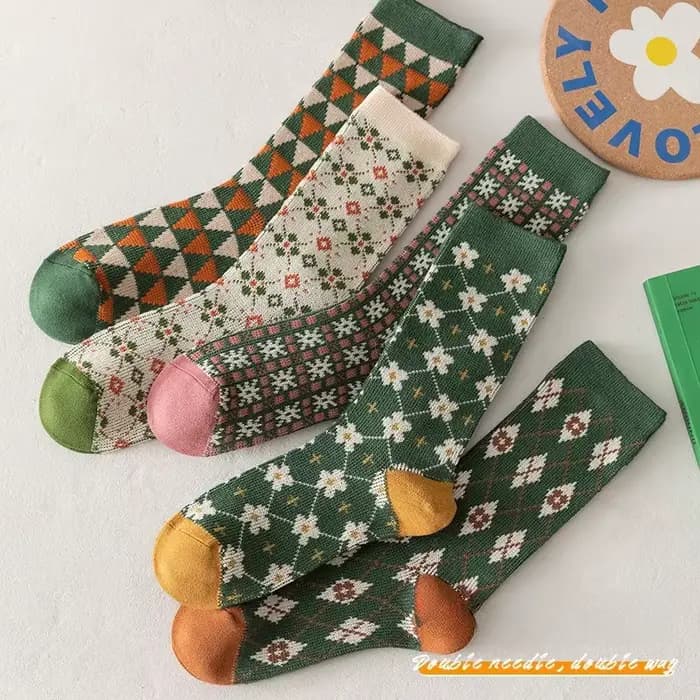 5 paires de chaussettes mi-mollet pour femmes avec imprimé automne hiver longues