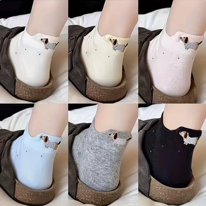 6 paires de chaussettes courtes colorées pour femmes, motif teckel de dessin animé, respirantes et confortables avec étiquettes d'identification, adaptées aux chaussettes fines d'été pour femmes, chau