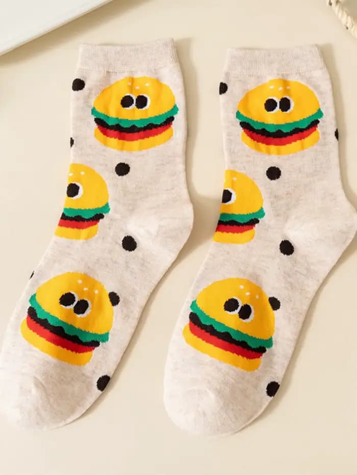 Chaussette femme mignon drôle Meme peigné automne hiver coton filles dessin animé Snack frites Burger beignet chaussettes Tube moyen confortable