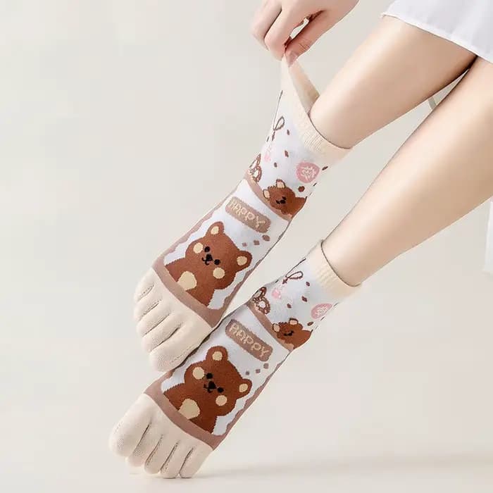 3 paires de chaussettes à cinq doigts pour femmes, chaussettes mi-tube en coton, chaussettes de sport mignonnes à motif de dessin animé avec doigts séparés