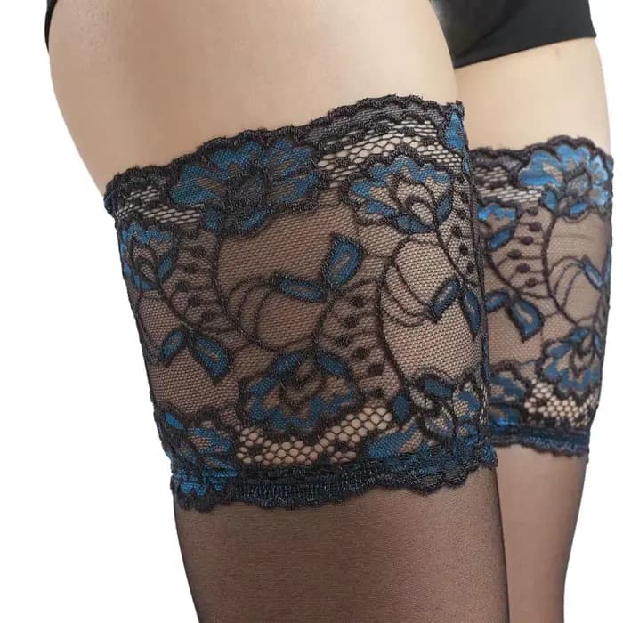 Bas cuissardes rétro bleu et rouge à motif floral de 15 cm de large avec dentelle