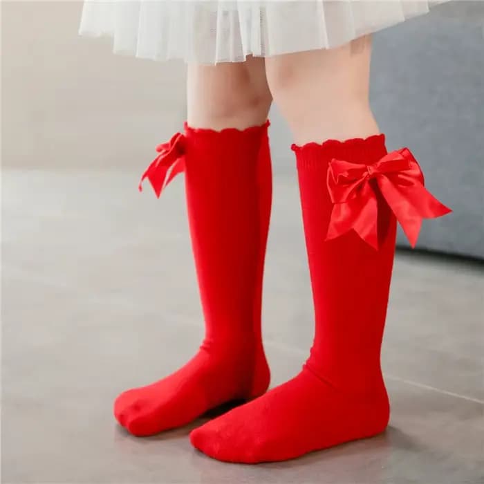 Chaussettes hautes en coton pour bébés filles de 0 à 7 ans, avec nœud mignon, couleur unie, respirantes