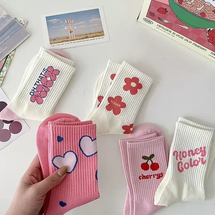 Chaussettes décontractées en coton Harajuku pour femmes et filles, fleur rose, mode, mignon, doux, coréen, japonais, Kawaii