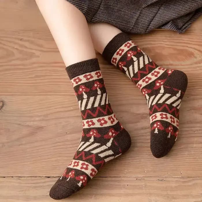 Chaussettes chaudes en laine épaisse, chaussettes tubulaires décontractées, automne et hiver, chaudes et confortables, en coton, damier, champignon, mignonnes