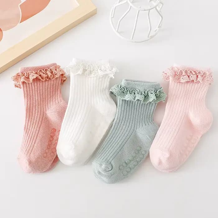 Chaussettes en dentelle douce pour bébés filles, antidérapantes, points adhésifs, couleur unie, en coton, respirantes, chaussettes de sol pour enfants filles