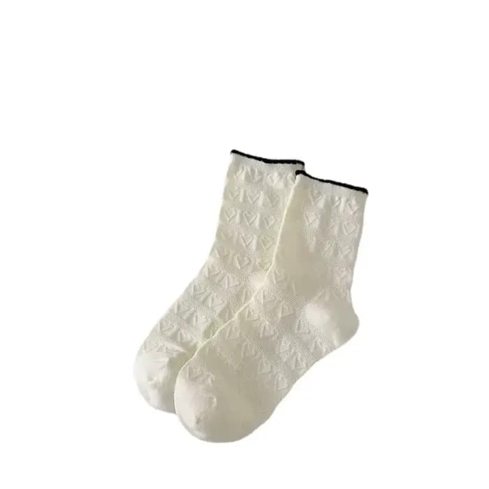 Chaussettes blanches respirantes à bord fleuri pour femmes, bas mi-tube, coton fin, confortables, monochromes, document, mode, printemps, été