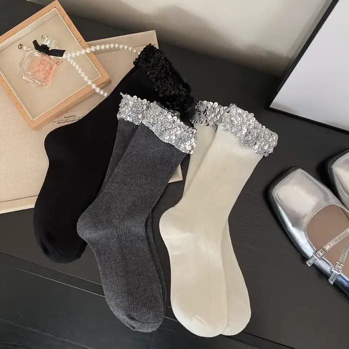 Chaussettes pour femmes, élégantes, polyvalentes, douces, chaussettes mi-tube à paillettes, style coréen, simples, confortables, respirantes, en coton