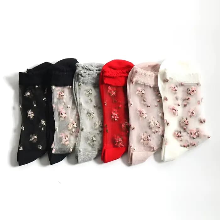 InjSocks-Chaussettes en cristal transparent ultra-mince pour femmes, Chaussettes en verre d'été, Chaussettes d'astronomie en coton, Broderie florale, Rétro Harajuku