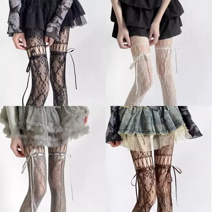 Nouveau design Collants beiges sexy pour femme, résille transparente, style JK, avec nœud et dentelle