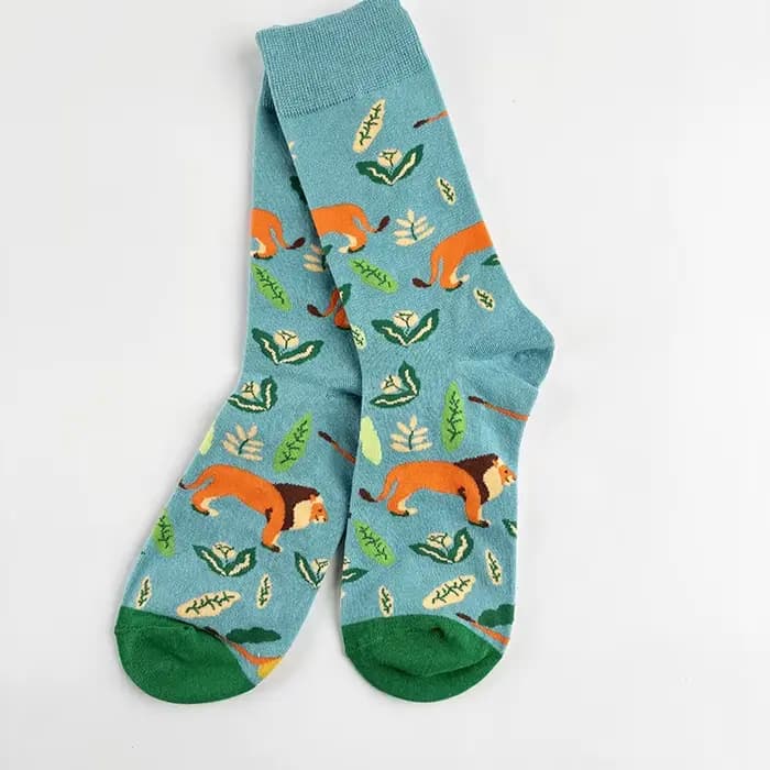 1 paire de chaussettes pour femmes, motif lion de la savane, couleur bleu menthe, bloc de couleur, mi-mollet, coton, tendance, dessin animé