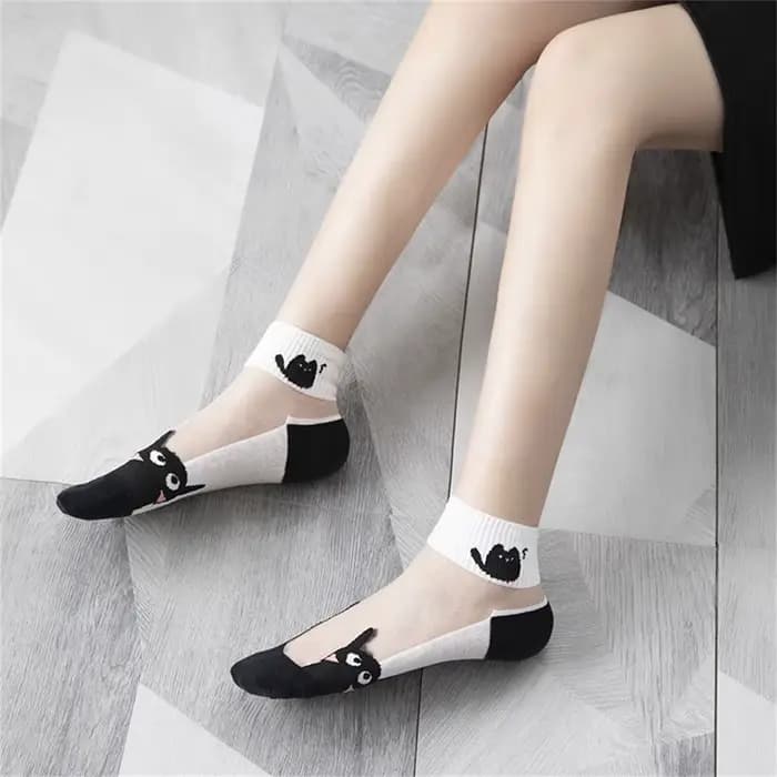 Dreamlikelin 5 paires/lot chaussettes d'été noir et blanc chat verre soie respirant femme