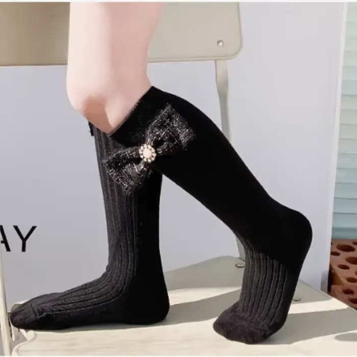 Filles chaussettes perle grand nœud papillon doux princesse mollet chaussette enfants bébé genou haut bas coton peigné sokken enfant en bas âge infantile