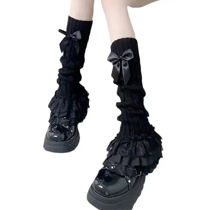 Femmes japonaises tricoté jambières arc à plusieurs niveaux chaussettes à volants fille dentelle Lolita