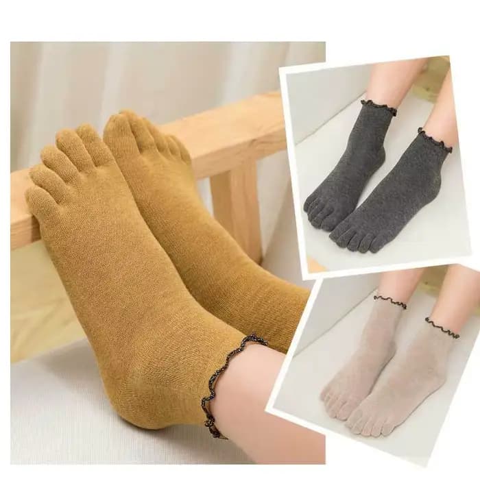 Chaussettes pour femmes coton cinq doigts à volants couleur unie orteil