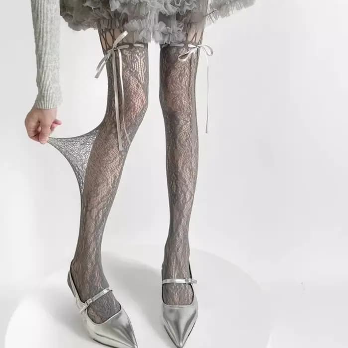 Nouveau design Collants beiges sexy pour femme, résille transparente, style JK, avec nœud et dentelle