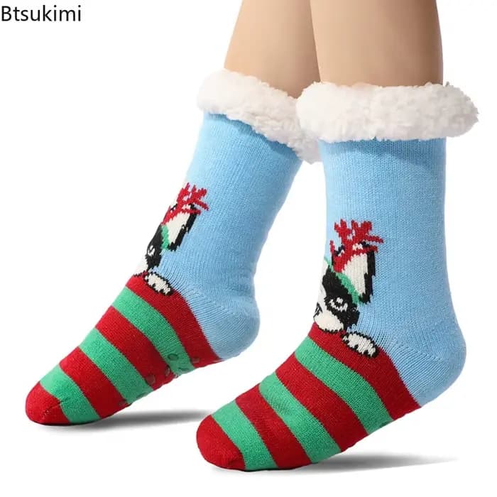 Chaussettes de sol chaudes d'hiver pour femmes, en peluche douce, antidérapantes, meubles courts, velours Extra épais, dessin animé, chaussettes de noël pour dames