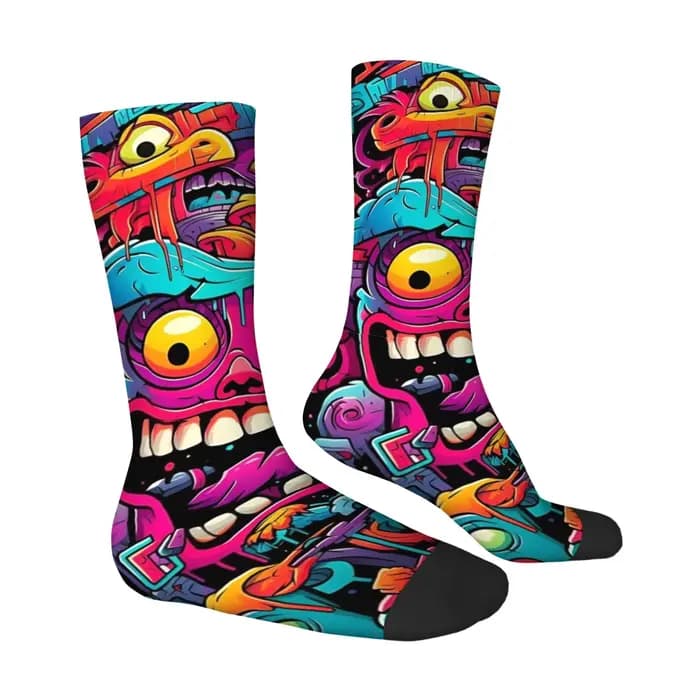1 paire Hip Hop rétro violet monstre fou hommes chaussettes de Compression Harajuku sans couture imprimé drôle nouveauté Happy Crew chaussette cadeau