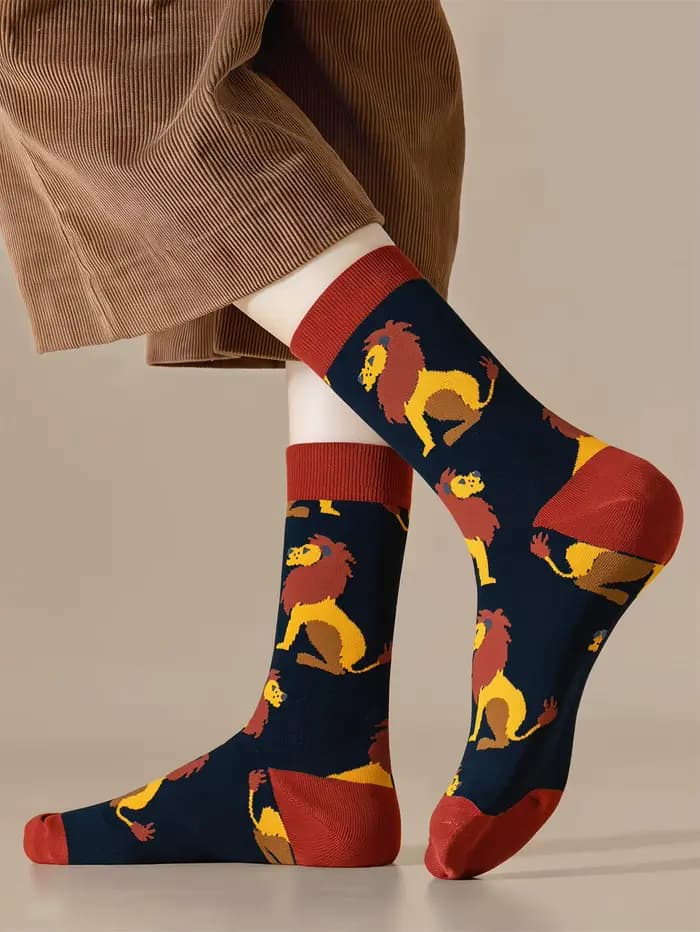 1 Paire de Chaussettes Mi-Mollet pour Hommes à Motif Animalier Original (Lion