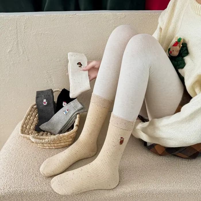 Chaussettes tendance pour femmes avec broderie de bonhomme de neige de Noël à pois, motif animal de dessin animé mignon, cadeau de Noël