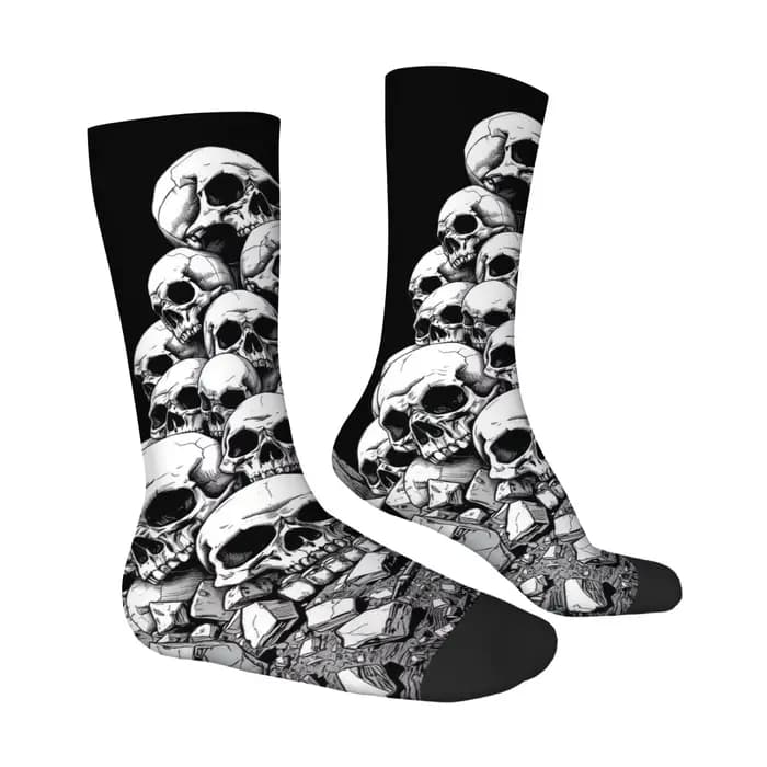 Chaussettes mi-mollet pour hommes à thème sombre avec imprimé crâne, douces, antidérapantes et respirantes, style gothique rebelle, style street horror