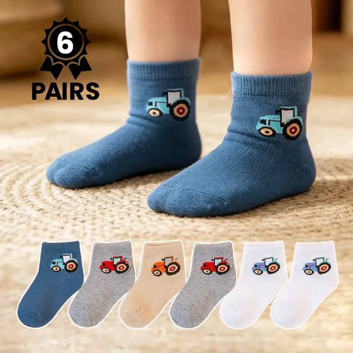 6 paires de chaussettes pour enfants à motif de tracteur de dessin animé, chaussettes mi-mollet confortables et antidérapantes, respectueuses de la peau, pour toutes les saisons, pour bébés garçons