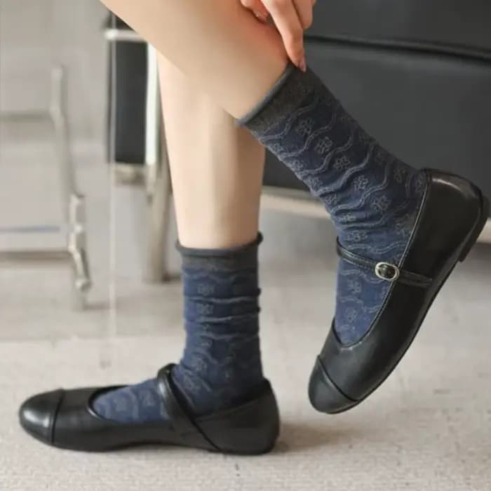 1/5 paires bleu marine rétro femmes mi Tube chaussettes à la mode Texture classique bords roulés pour toutes les
