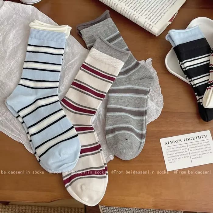 Printemps et été nouvelles chaussettes mi-tube rayées à Double nervure pour hommes et femmes bas de marque de mode de sport décontracté