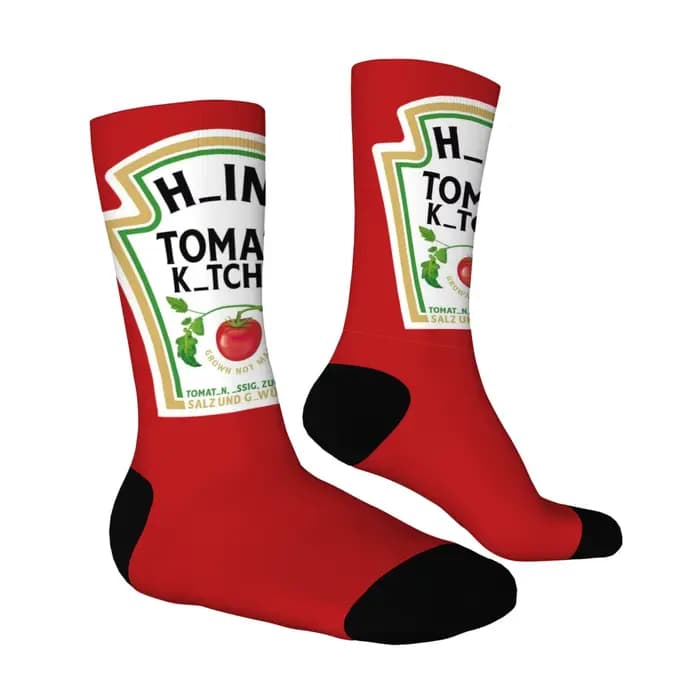 Chaussettes mi-mollet à motif tomate, étiquette de ketchup drôle imprimée, chaussettes unisexes, processus d'impression, meilleur choix pour la maison, cadeaux de sports de plein air