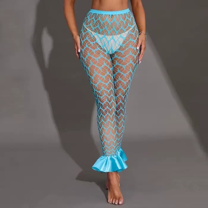Pantalon évasé en résille ajourée pour femme, taille haute, style mode, avec volants, collection été 2026