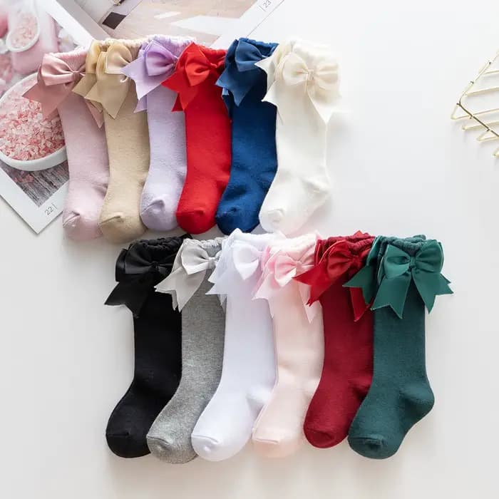 Chaussettes hautes en coton pour bébés filles de 0 à 7 ans, avec nœud mignon, couleur unie, respirantes