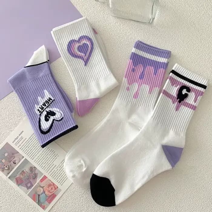 Chaussettes en coton à imprimé cœur violet pour femmes