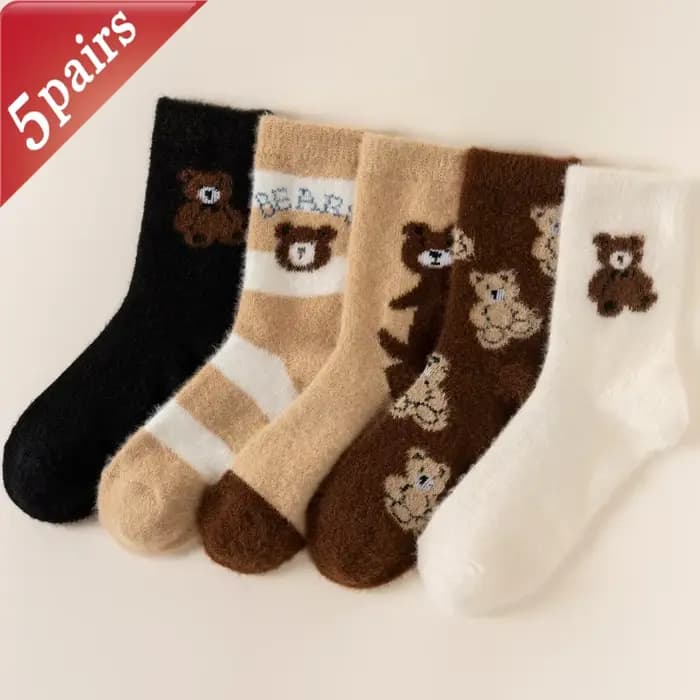 5 paires de chaussettes pour femmes ensemble ours en peluche hiver chaud épais fourrure de vison