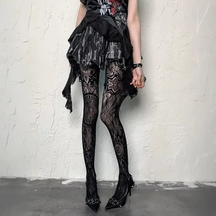 Collants noirs sexy en jacquard résille à trous pour femmes