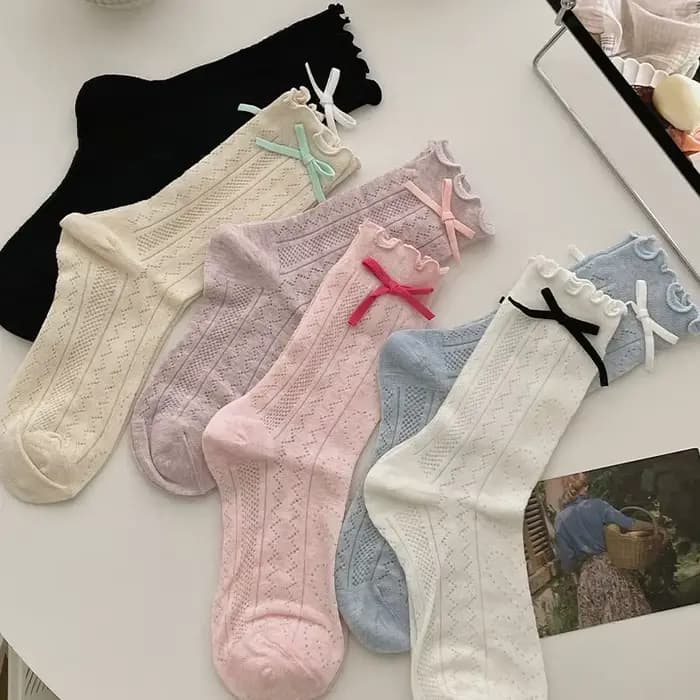 Chaussettes pour femmes Printemps-Été, mi-mollet, fines, en maille ajourée, respirantes et fraîches, avec nœud mignon et élégant, chaussettes de mode, vente en gros