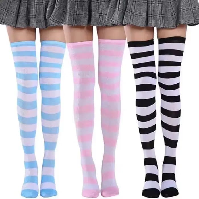 Chaud nouveau mignon chaussette bas femmes style japonais bleu blanc rayure genou jambes