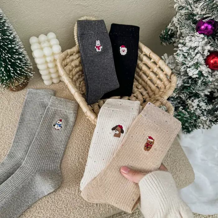 Chaussettes tendance pour femmes avec broderie de bonhomme de neige de Noël à pois, motif animal de dessin animé mignon, cadeau de Noël