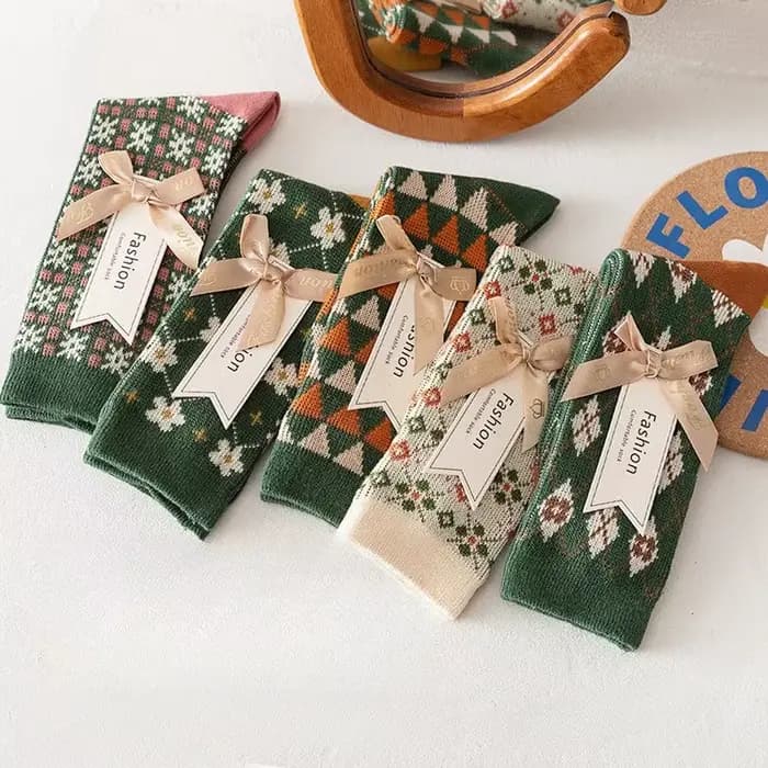 5 paires de chaussettes mi-mollet pour femmes avec imprimé automne hiver longues