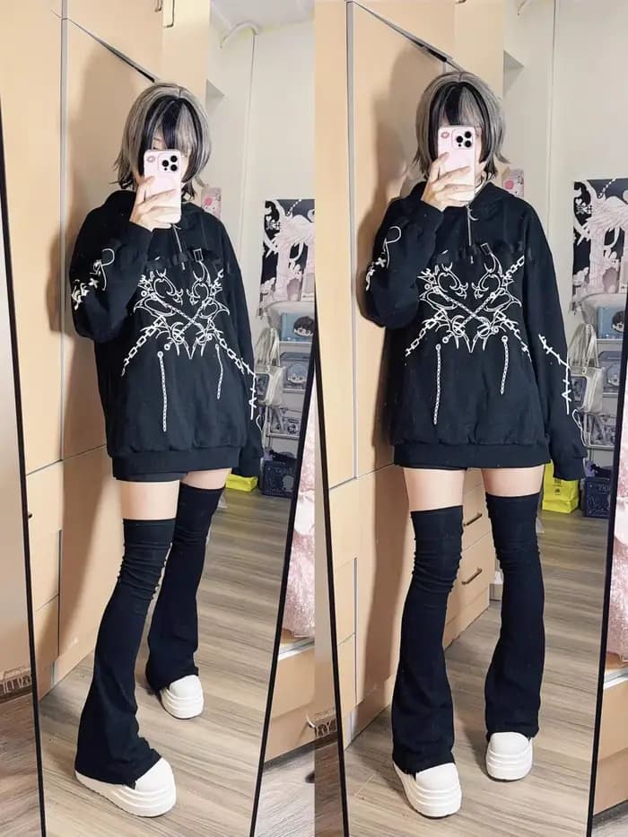 Chaussettes hautes noires solides pour fille épicée subculturelle japonaise