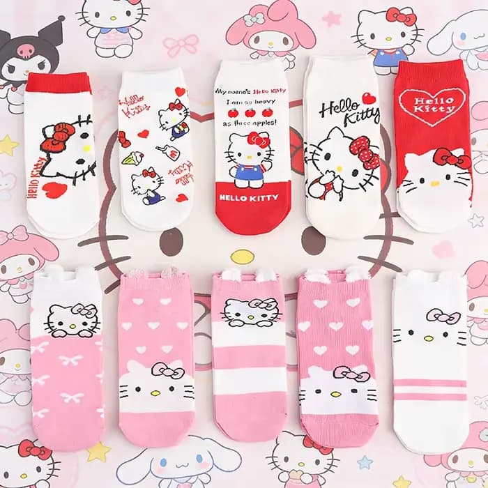 Sanrio 5 paires de chaussettes droites polyvalentes à motif de la série Hello Kitty, à la mode, douces et mignonnes, pour femmes, printemps/été