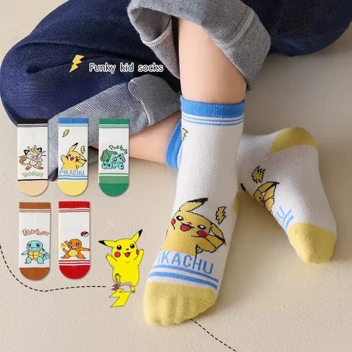 Chaussettes mignonnes de dessin animé Pikachu Charizard pour enfants, 5 paires de chaussettes de sport en coton mi-mollet pour garçons et filles de 3 ans à l'âge adulte