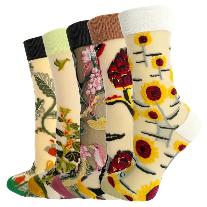 5 paires/ensemble France Hipster Design verre soie fleur oiseau drôle chaussettes femmes Transparent Art cheville