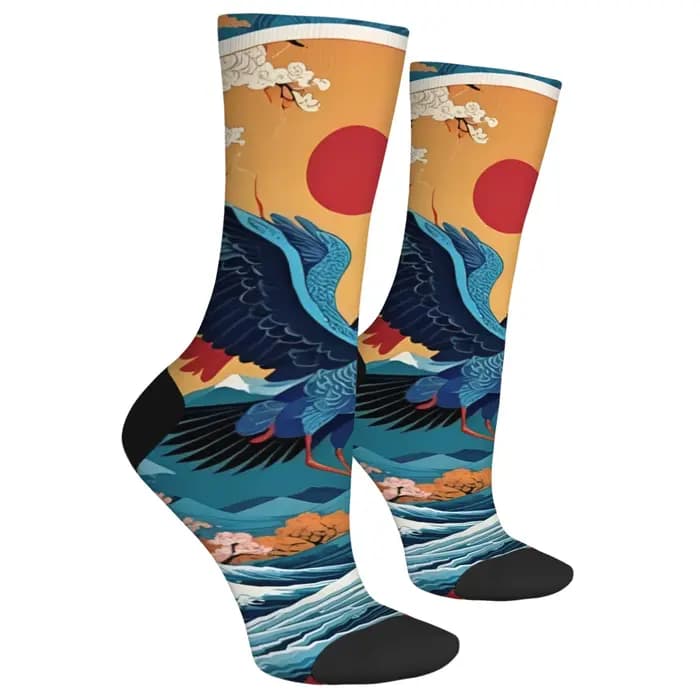 Chaussettes pour hommes rétro japonaises Ukiyo-e imprimé grue Harajuku