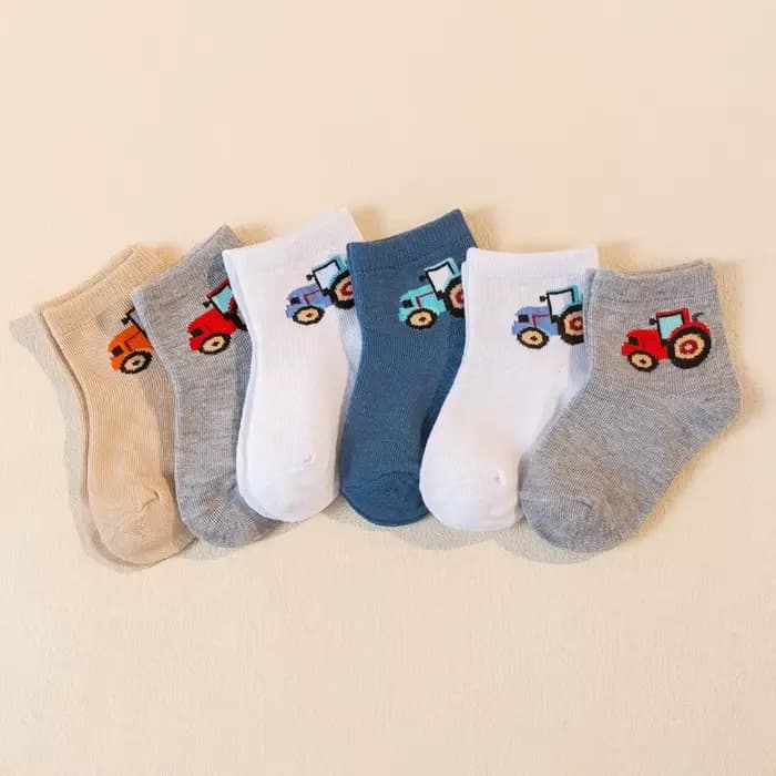 6 paires de chaussettes pour enfants à motif de tracteur de dessin animé, chaussettes mi-mollet confortables et antidérapantes, respectueuses de la peau, pour toutes les saisons, pour bébés garçons
