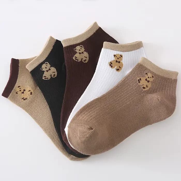 5 paires de chaussettes courtes pour femmes, motif ours en peluche mignon, à coupe basse, pour le printemps et l'été, chaussettes bateau décontractées assorties