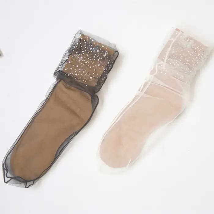 Chaussettes élastiques en dentelle pour femmes, chaussettes en maille à paillettes de cristal, chaussettes courtes transparentes